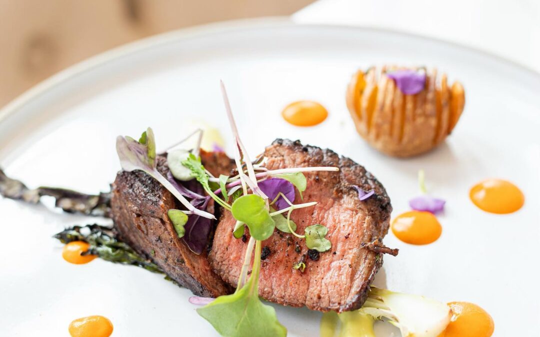 Choosing between the Swordfish and this Pan Seared Prime Strip with Grilled Lettuce Heart, Hasselback Potato and Piperade Emulsion is an impossible task.